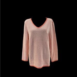 Cotton Blend V-Neck Sweater - Coral and White, L